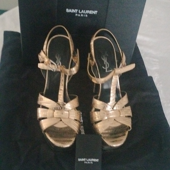 YSL metallic Gold Lizard Embossed Leather Tribute Ankle Strap Platform heels - Picture 8 of 16